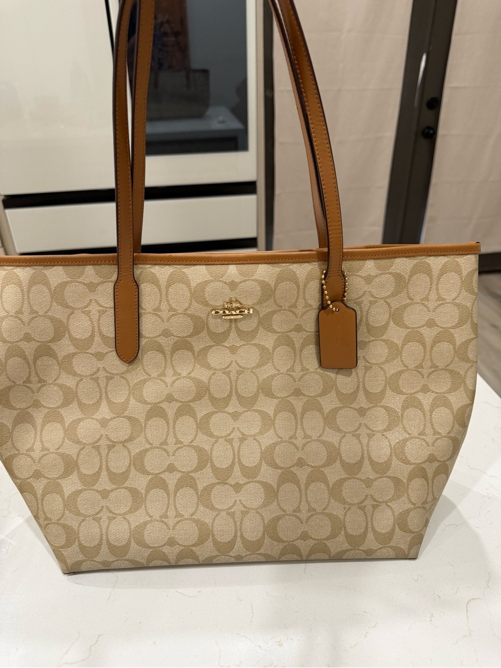 Coach Beige Signature Canvas Tote with Tan Leather Trim
